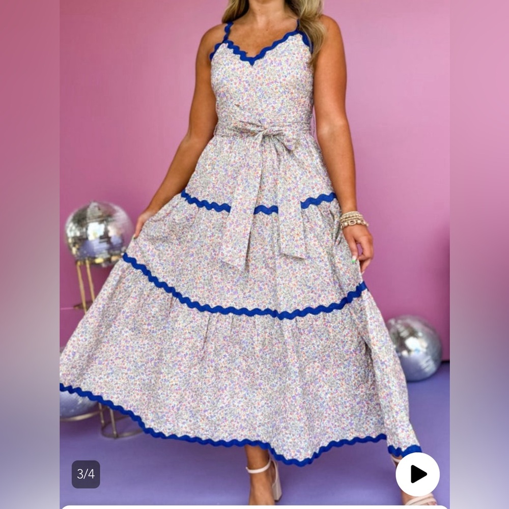 Blue Floral Ric Rac Detail Tiered Ruffle Maxi Dress